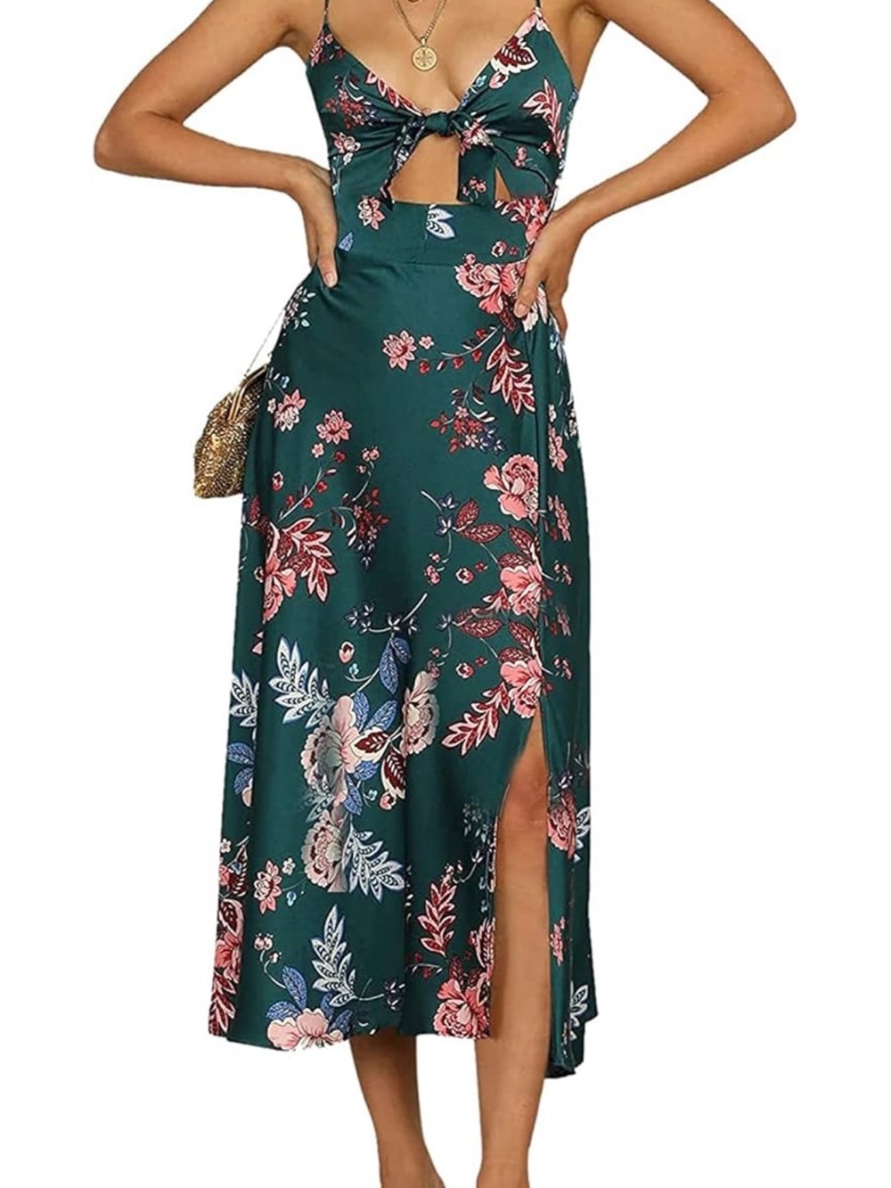 Amazon Teal Floral Midi Dress with Pink Flowers and Side Slit - Picture 1 of 6